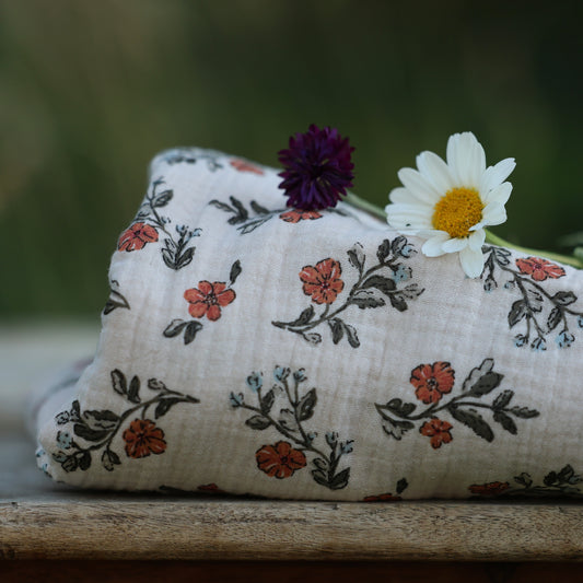 Coupon de double gaze gaufrée imprimée Fleurs des Champs, 100 % coton